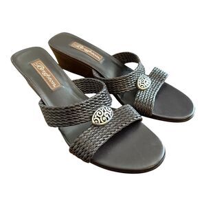 Brighton Denise Woven Brown Leather Wedge Slide Sandals Sz 8 Wide Faux Croc Side